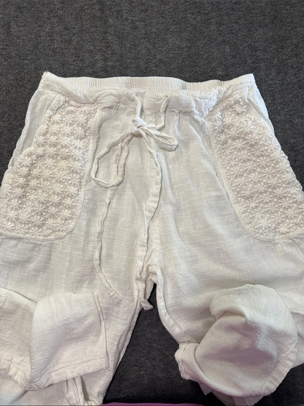 White Embroidered Wide-Leg Pants by